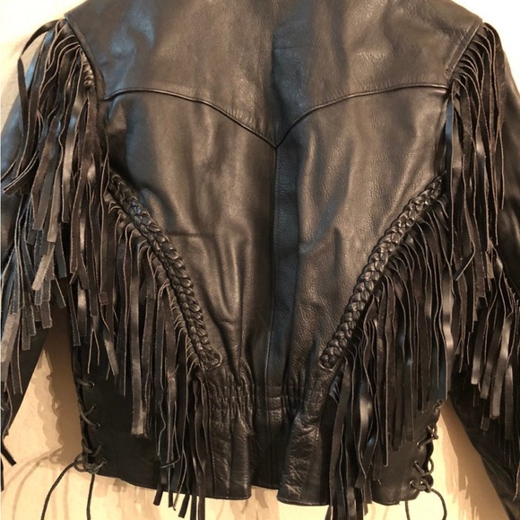 Vtg VANGUARD LEATHER OF AMERICA Cowhide Fringe Leather Biker Jacket - Picture 2 of 8